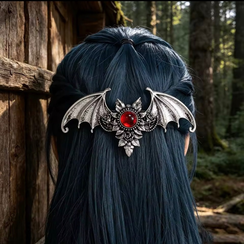 Gothic Silver Bat Wing Hair Clip with Red Gem